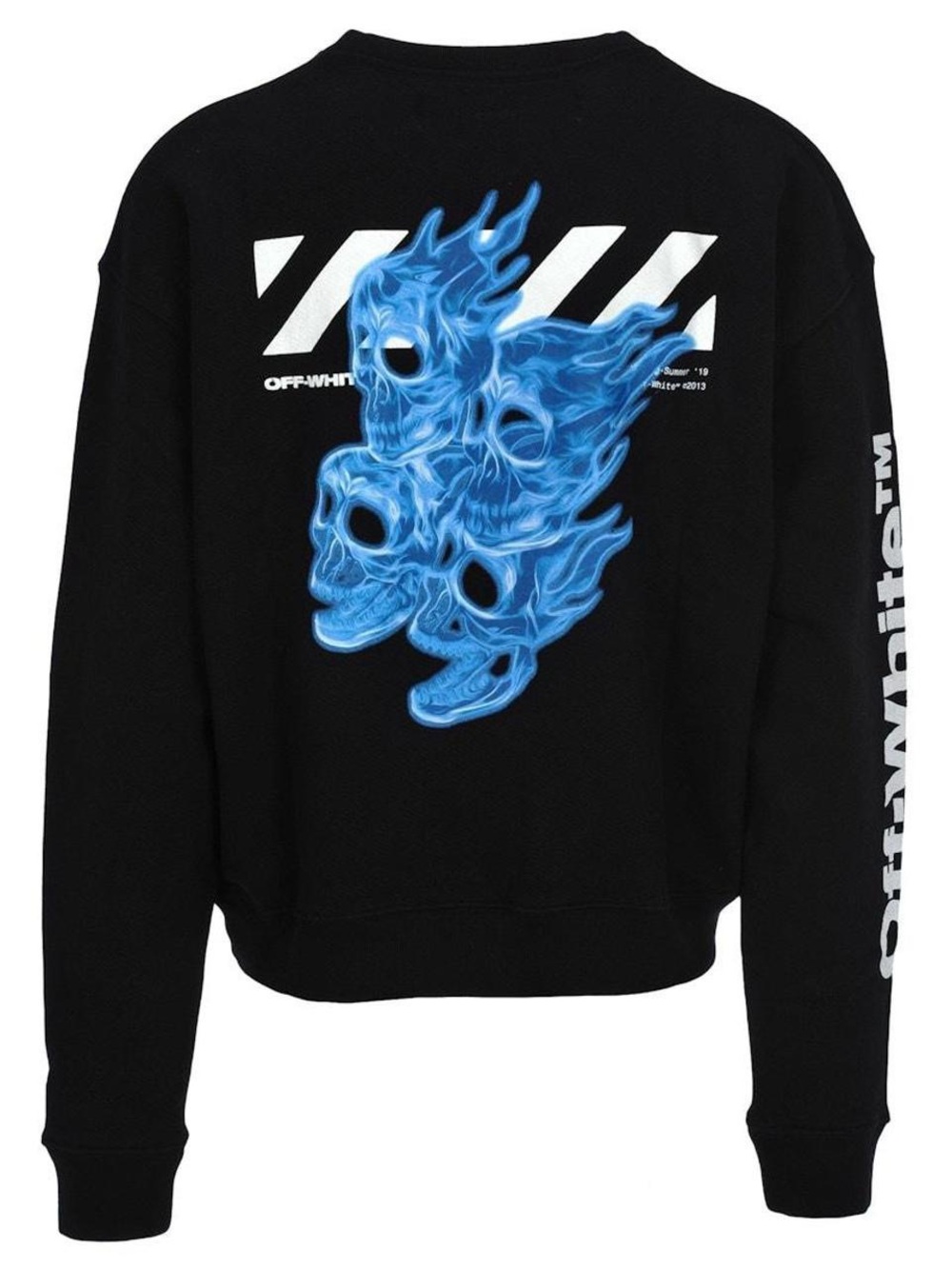 Off-White Black Crewneck Sweatshirt with Blue Flame Skull Graphic Back
